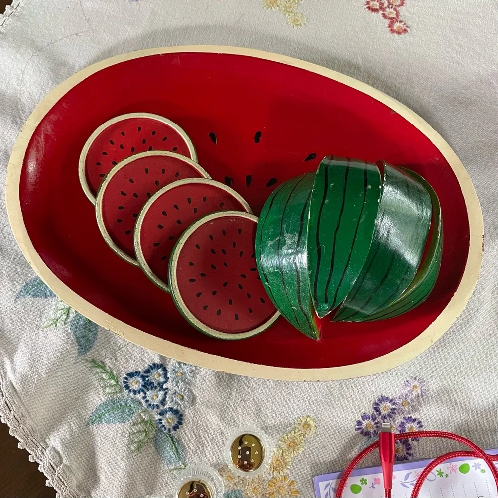 Vintage Wooden Watermelon Cocktail Tray Set. 4 Coasters & 4 Napkin Holders. 14